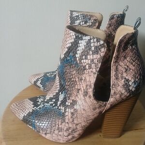 JustFab Snakeskin Ankle Boots in Pink and Blue